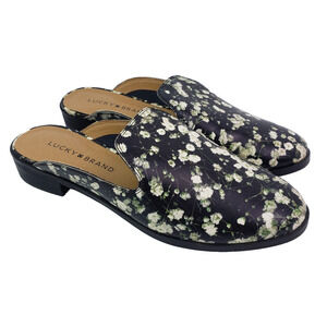 Lucky Brand Cristley Womens Sz 7.5 Black Floral Print Leather Slip On Mule Shoes